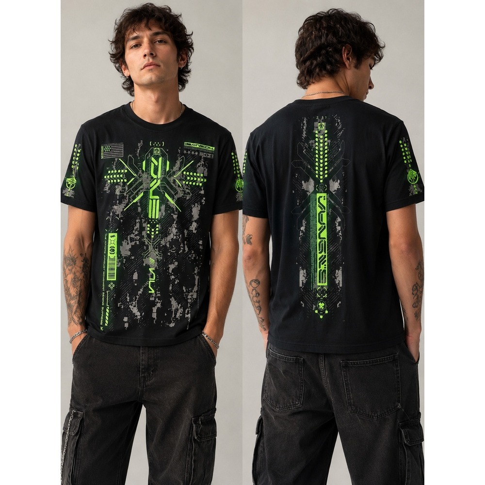 Neo4ic Hypr Version 8 Cyberpunk Tech wear Graphic Tee Black Neon Green Small